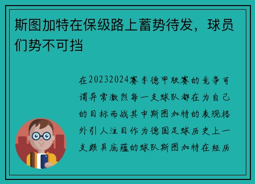 斯图加特在保级路上蓄势待发，球员们势不可挡
