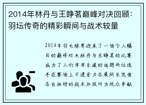 2014年林丹与王睁茗巅峰对决回顾：羽坛传奇的精彩瞬间与战术较量